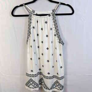 Anthropologie Sleeveless Halter Top Size Medium White With Stitched Navy Blue